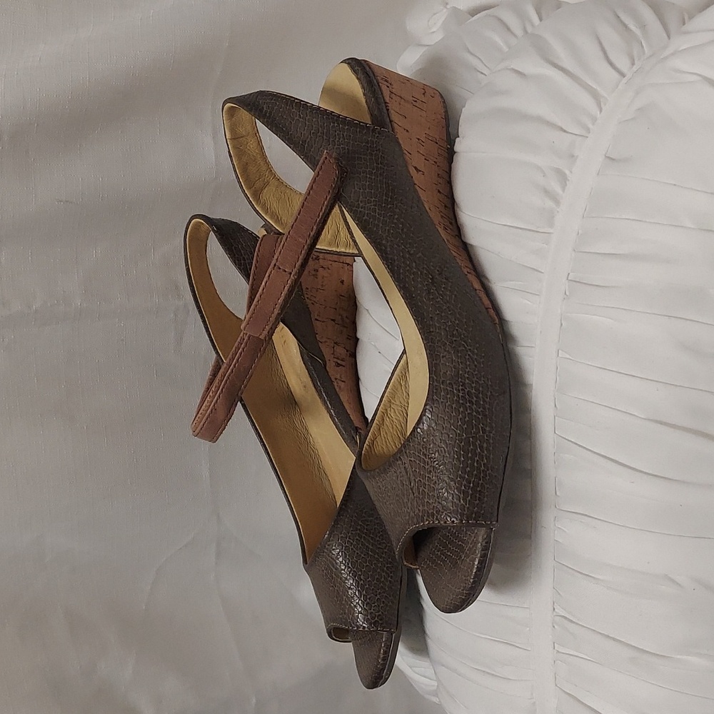 BUSSOLA Cork Wedge Sandals Leather Snakeskin Embossed